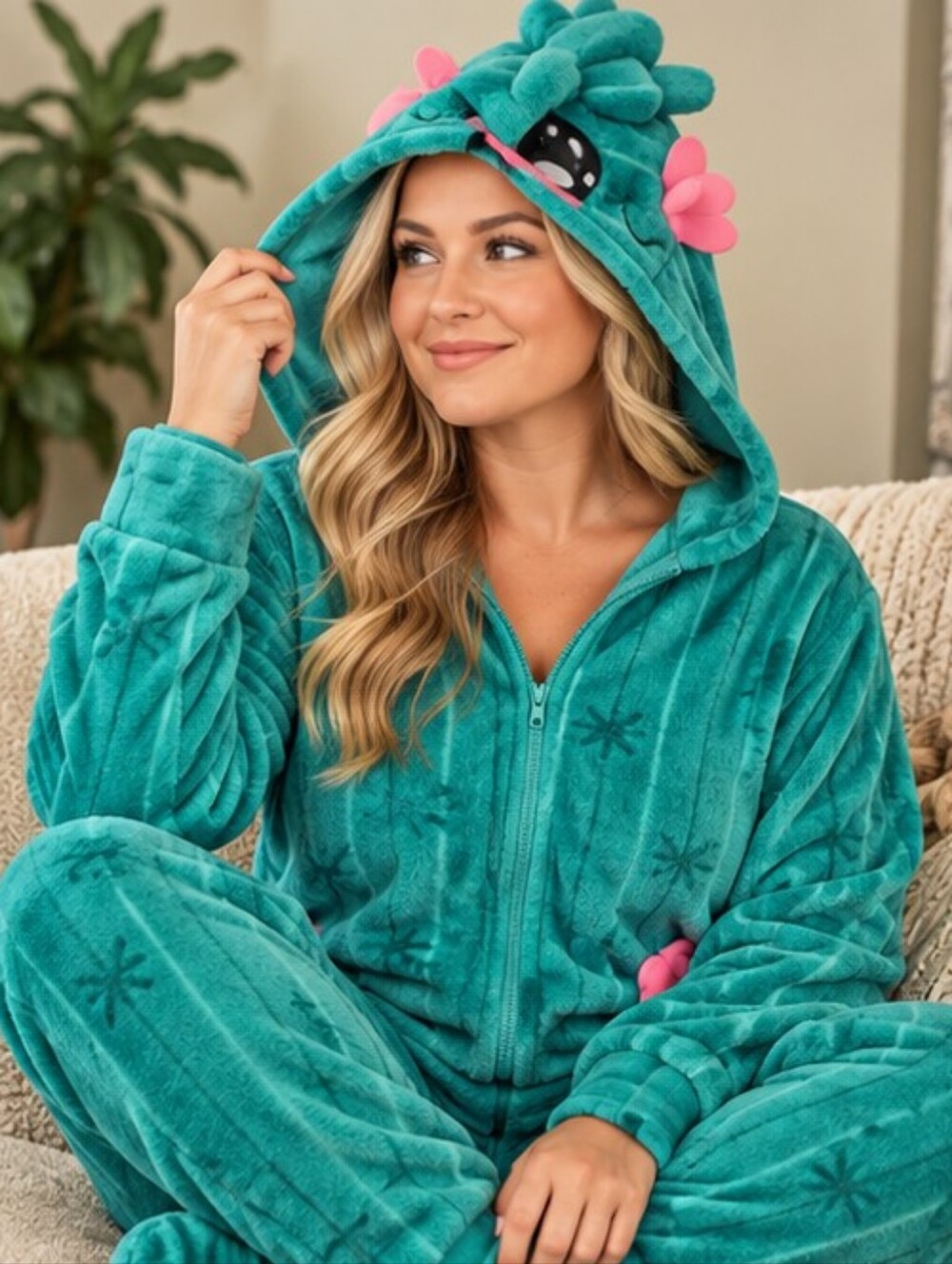 Weekend Edition Medium Plush Character Hooded Onesie Pajamas Teal